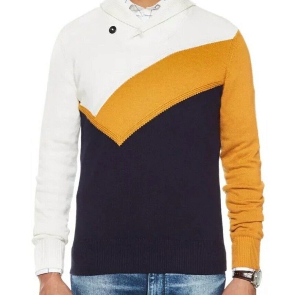 Sean John Mens Ivory/Blue/Brown Color Block Pullover Sweater 1/4 Button Large - Picture 9 of 9